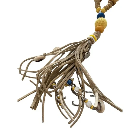 Chico's Long Wood Bead Leather Tassel Lariat Necklace Yellow Blue statement long - Picture 10 of 16
